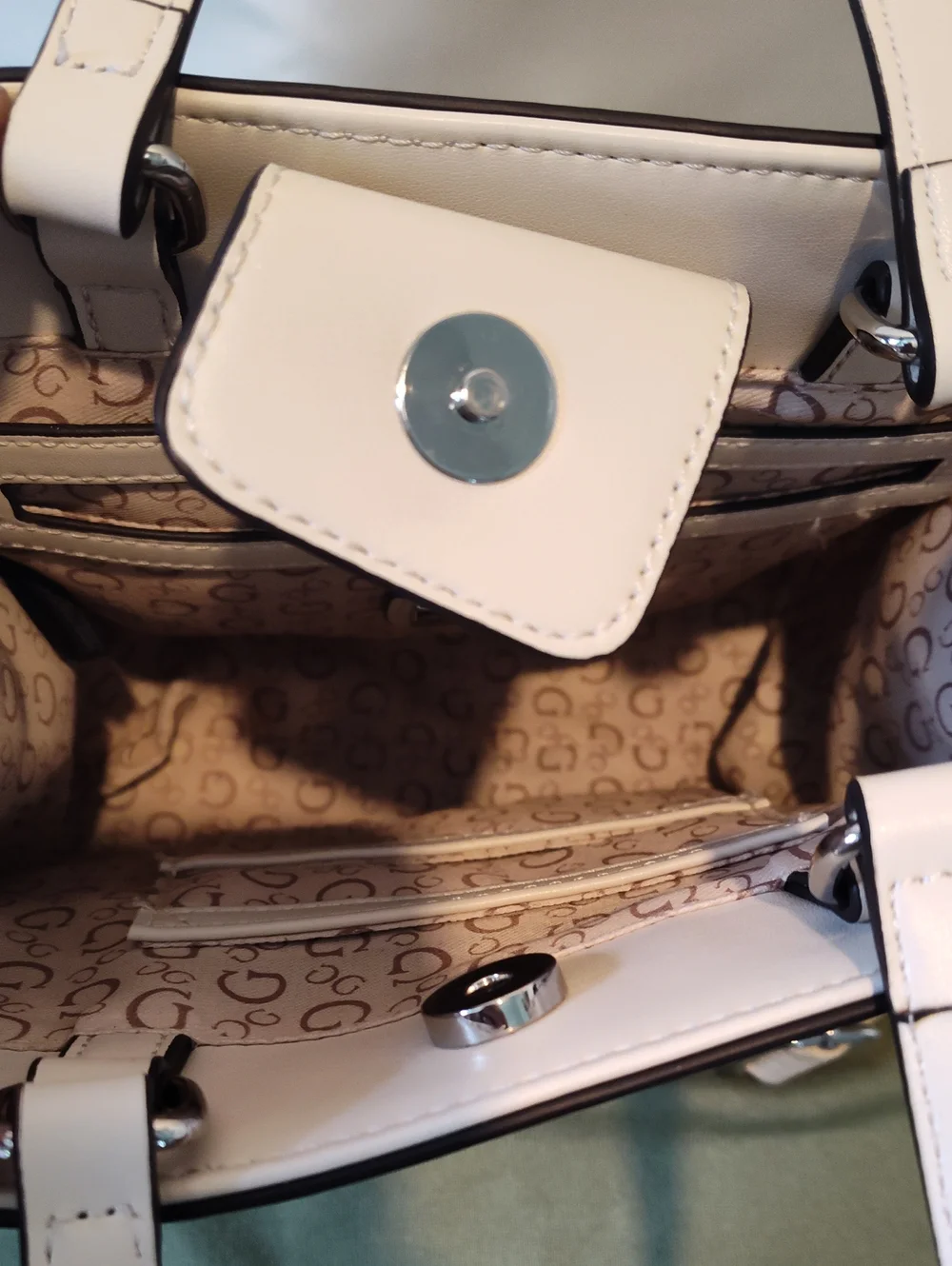 GUESS Cream Embossed Logo Satchel with Detachable Strap